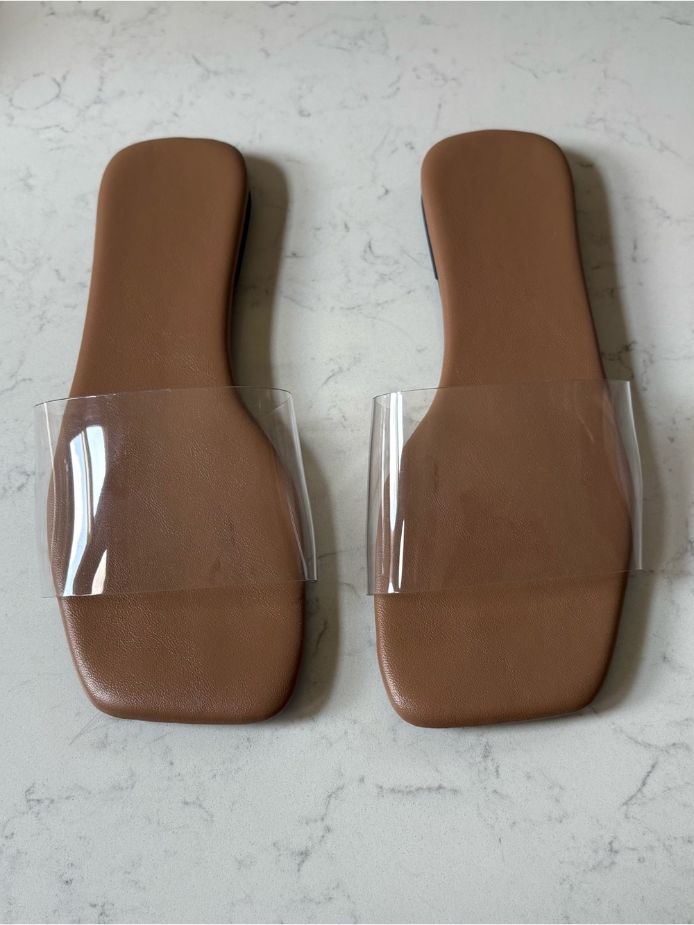 Clear Strap Tan Slide Sandals